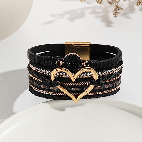 Fuqimanman2020 Heart Leather Wrap Bracelets Boho Stackable Cuff Bangles Resin Stone Rhinestone Bracelets with Clasp Christmas Jewelry Gift for Women - color: Black