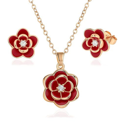 EVEVIC Dainty Flower Pendant Necklace Earrings for Women 14K Gold Plated Hypoallergenic Jewelry Sets - color: Red /Rose Gold-tone