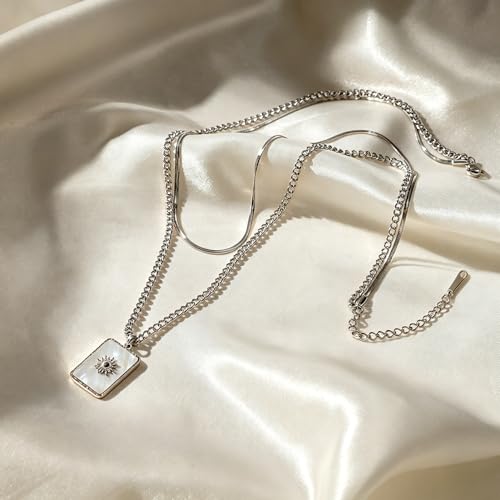CTRLZTEAM Layered Necklaces for Women Gold Silver Snake Chain Pendant - style: Double Layer Square Shell Necklace - Silver