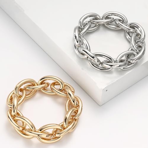 Chunky Gold Bracelet for Women Non Tarnish, Trendy Stretch Cuban Link Chain Plated Gold Bangle Bracelets - color: O-Chain-Gold