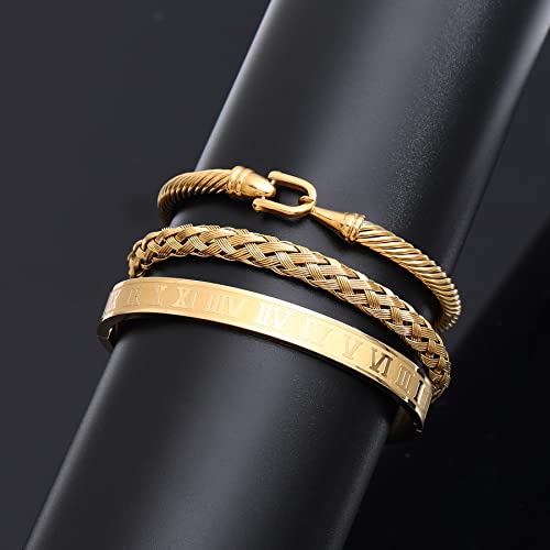 WFYOU 3PCS Stainless Steel Imperial Crown Bracelets for Men Gold Roman Numeral Bangle Bracelet Adjustable Cuff Bracelet Mens Luxury Jewelry Gifts - style: 07:Gold-Hook