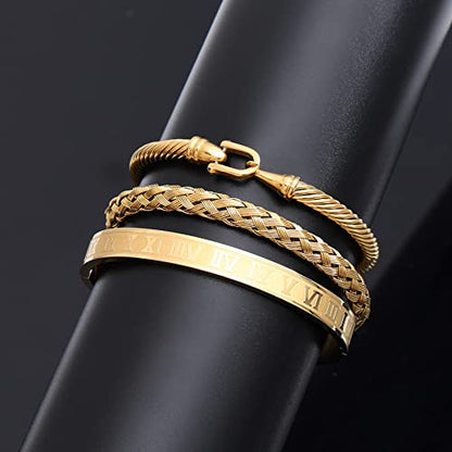 WFYOU 3PCS Stainless Steel Imperial Crown Bracelets for Men Gold Roman Numeral Bangle Bracelet Adjustable Cuff Bracelet Mens Luxury Jewelry Gifts - style: 07:Gold-Hook