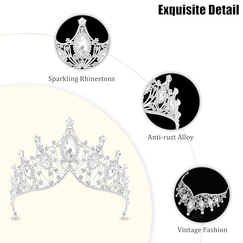 TAROSE Crowns for Women, Queen Crystal Gold Silver Tiaras Goddess Crown | with White Rhinestone and Combs, Wedding Bride Birthday Princess Bridal Shower Hair Accessories for Women - color: 3 A. Silver + White