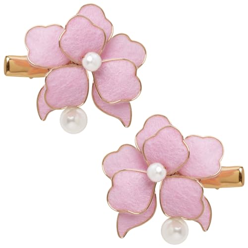 A Pair Wedding Hair Clips, Handmade Floral Design Crystal Hair Clips Pearl Barrettes, Rhinestones Flower Clips Pearl Headpieces Hair Pins Hair Accessories for Women Girls (Pink) - color: Pink