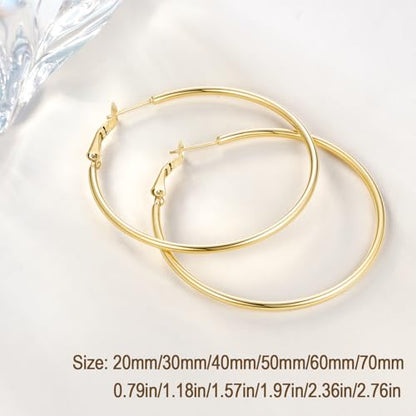 Jewlpire 14K Gold Plated 925 Sterling Sliver Post Hoop Earrings, 2MM Thick Hoop earrings Lightweight Large Hoop Earrings for Women Trendy 20/30/40/50/60/70mm - color: 14K Gold Plated, size: 50mm