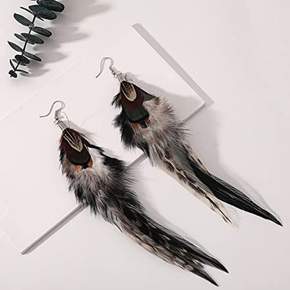 Bohemian Long Feather Earrings for Women Handmade Natural Dangle Tassel Jewelry - color: Style H