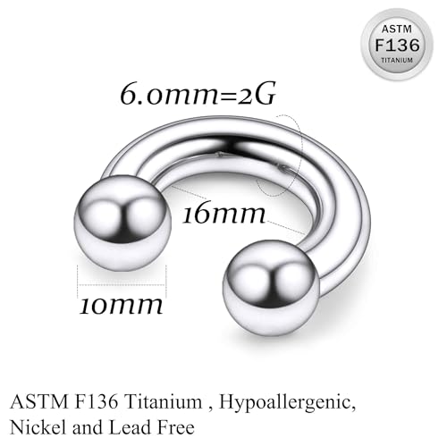 Ruifan 20G 18G 16G 14G 12G 8G 6G 4G 2G Horseshoe Nose Ring Titanium Septum Rings Piercing Jewelry Internally Threaded Gauges Cartilage Conch Helix Rook Lip Tragus Earring Hoop Eyebrow For Women Men - size: 2G