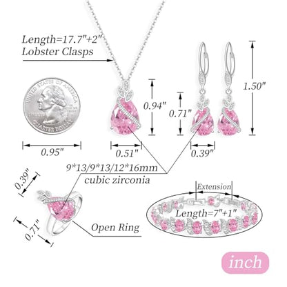 GZWHD Jewelry Set for Women CZ Earrings Necklace Ring Bracelet Set Prom Party Wedding Jewelry Gift for Mother Friend Wife - color: A-Pink