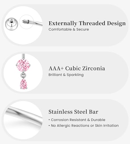 BSJ4U Belly Button Rings Gold Plated Silver Pink Clear CZ Belly Rings for Women Heart Bow Flower Butterfly Teardrop Dangle Navel Belly Button Piercing Jewelry - color: Silver Pink Dangle Belly Button Rings