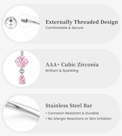 BSJ4U Belly Button Rings Gold Plated Silver Pink Clear CZ Belly Rings for Women Heart Bow Flower Butterfly Teardrop Dangle Navel Belly Button Piercing Jewelry - color: Silver Pink Dangle Belly Button Rings
