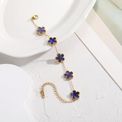 TICVSS Four Leaf Clover Bracelet for Women 18K Gold Plated Stainless Steel Lucky 4 Leaf Gold Link Bracelet Jewelry Gift for Women - color: Dark blue