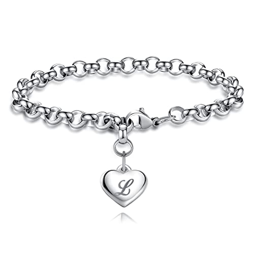 TONY & SANDY Initial Charm Bracelets for Girls Women Stainless Steel A-Z Bracelet Personalized Gifts Birthday Graduation Easter Basket Stocking Stuffers for Teens Girls Women Jewelry - style: L - Heart