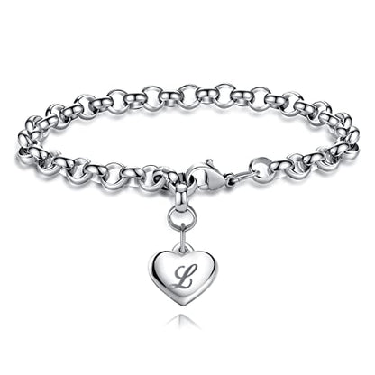 TONY & SANDY Initial Charm Bracelets for Girls Women Stainless Steel A-Z Bracelet Personalized Gifts Birthday Graduation Easter Basket Stocking Stuffers for Teens Girls Women Jewelry - style: L - Heart