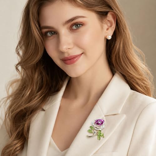 Gradient Purple Rose Flower Brooch Enamel Crystal Floral Lapel Pin Gold Tone Elegant Brooch for Women Suit Coat Scarf Accessory - color: Violet Pink