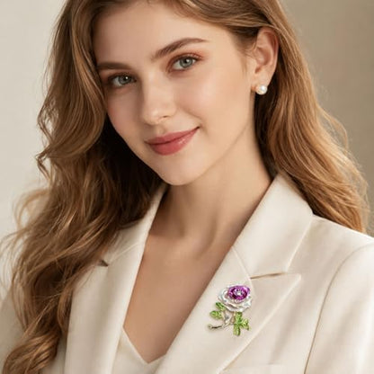 Gradient Purple Rose Flower Brooch Enamel Crystal Floral Lapel Pin Gold Tone Elegant Brooch for Women Suit Coat Scarf Accessory - color: Violet Pink