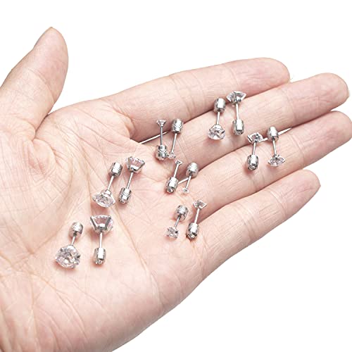 7 Pairs 18G 20G Stainless Steel Stud Earrings Round Cubic Zirconia Barbell Earring Set For Men Women 2MM-8MM Silver Tone - style: G:7 Pairs, Double Round CZ, 20G