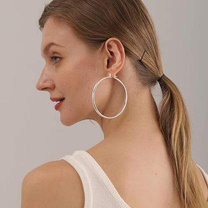 4mm Thick Gold Chunky Earrings Steling Silver Post Hoops Earrings For Women Hollow Tube Hoops Earrings Thick Gold Hoop Earrings Hypoallergenic Lightweight Gold Hoop Large Earrings 20/30/40/50/60MM - color: Silver,70mm