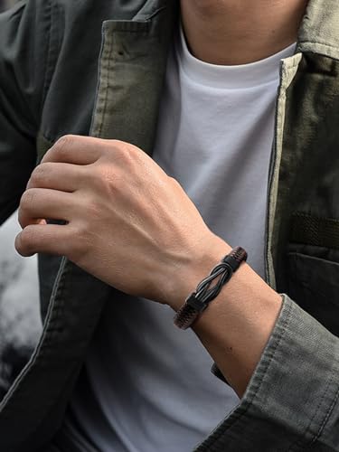 Mens Black Braided Leather Bracelet, Green/Red/Brown/Black Braided Leather Infinity Knot Bracelets for Men with Stainless Steel Clasp, 7.5/8.5/9in Length - color: 02-Black&Brown