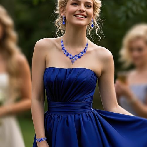 Wedding Bridal Jewelry Set for Women Bride Bridesmaids | Gorgeous Austrian Crystal Teardrop Cluster Statement Necklace Dangle Earrings Link Bracelet Set Prom Jewellery - color: 16-Blue Silver-Tone