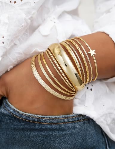 ÌF ME Gold Bangle Bracelets for Women, 19Pcs Multi Stackable Textured Bangles Set, 14K Gold Plated Chunky Bracelet Boho Jewelry Gifts - color: Gold-rotating twist