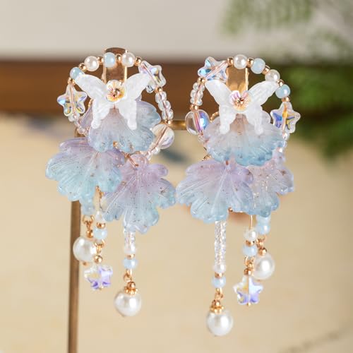 A Pair Wedding Hair Clips, Handmade Floral Design Crystal Hair Clips Pearl Barrettes, Rhinestones Flower Clips Pearl Headpieces Hair Pins Hair Accessories for Women Girls (Blue) - color: Blue