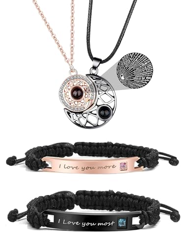 HUASAI 4Pcs Heart Necklaces for Women Couples Necklace Bracelets Matching Set for Couples Jewelry Gifts Pendant Matching Necklace Valentines Day Gifts for Her Girlfriend Valentines Accessories - color: C2:Couple Bracelets