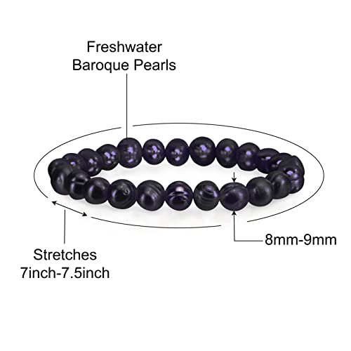 Savlano 8-9MM Cultured Freshwater Baroque Pearl Stretch Bracelet 7 Inches. Available In a Range of Beautiful Colors, For Women Comes with Gift Box - color: Dark Blue