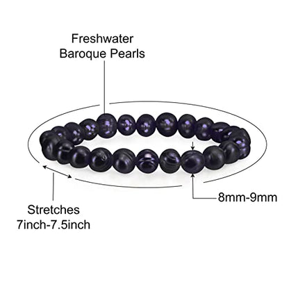 Savlano 8-9MM Cultured Freshwater Baroque Pearl Stretch Bracelet 7 Inches. Available In a Range of Beautiful Colors, For Women Comes with Gift Box - color: Dark Blue