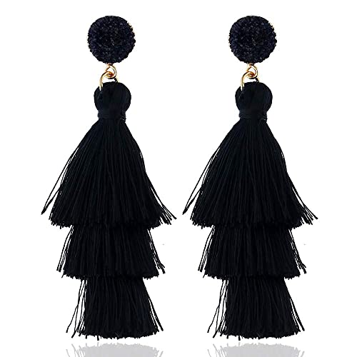 Boho Statement Tassel Earrings - Clip On Feather Dangling Fringe Earrings for Women - Non Piercing Jewelry for Vacation, Beach, Bride, Bachelorette, Costume, Prom - color: Black