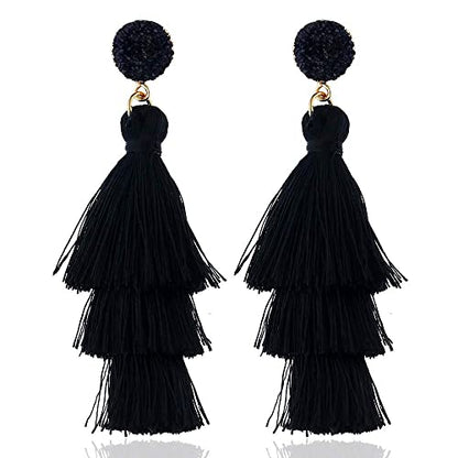 Boho Statement Tassel Earrings - Clip On Feather Dangling Fringe Earrings for Women - Non Piercing Jewelry for Vacation, Beach, Bride, Bachelorette, Costume, Prom - color: Black