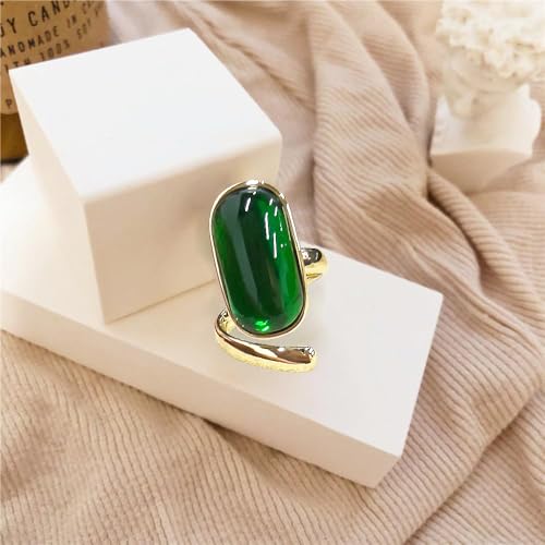 Vintage Imitation Emerald Green Stacking Statement Ring for Women Gold Plated Chunky Wide Geometric Birthstone Adjustable Expandable Open Wrap Rings Comfort Fit Retro Birthday Christmas Jewelry Gift