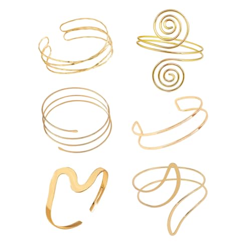 ItsStarred Minimalist Arm Cuff Gold Plated, Upper Arm Cuff Bangle Bracelet for Women, Adjustable Arm band Set 6 Pieces - color: A: 14K Gold Plated