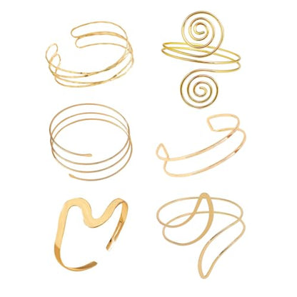 ItsStarred Minimalist Arm Cuff Gold Plated, Upper Arm Cuff Bangle Bracelet for Women, Adjustable Arm band Set 6 Pieces - color: A: 14K Gold Plated