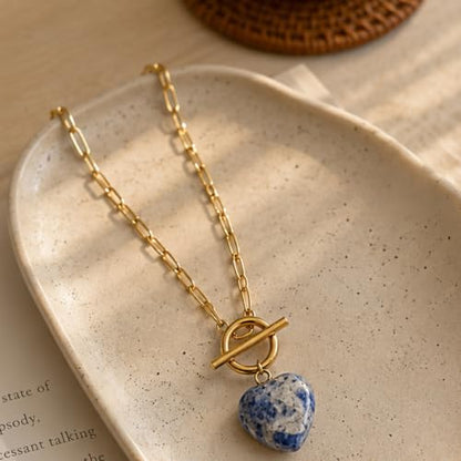 Teardrop CZ Pendant Paperclip Chain Necklace 18K Plated Paperclip Toggle Necklace Jewelry Birthstone Gift for Women - color: Blue patterned