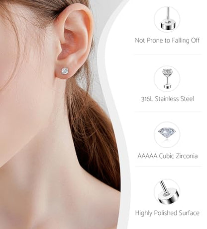 6 Pairs 20G Flat Back Stud Earrings, 316L Surgical Steel CZ Set | Hypoallergenic 316L surgical steel, AAAAA CZ, secure screw backs and six 2-8mm sizes for sensitive ears, helix and tragus.