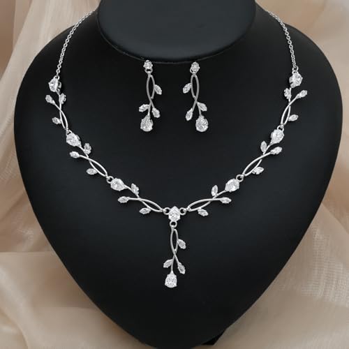 CSY Elegant Bridal Jewelry Sets Clear Cubic Zirconia Wedding Necklace Earrings Bracelet Set for Birdes Bridesmaids CZ Prom Jewelry - color: Silver-Necklace Earrings