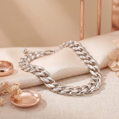 Width-12mm Chunky Cuban Link Ankle Bracelets for Women Waterproof, 18K Gold/Silver Plated Anklets Cubic Zirconia Adjustable Thick Chain Trendy Beach Summer Fashion Jewelry Gift - style: Style 1-Silver