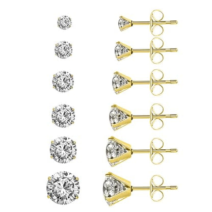 Stud Earrings Set, Round Clear Cubic Zirconia Ear Studs for Women and Men Sensitive Ears Stainless Steel CZ Earrings Hypoallergenic Cubic Zirconia Earrings Set Small Piercing Earring, 6 Pairs - color: Golden-4-claw