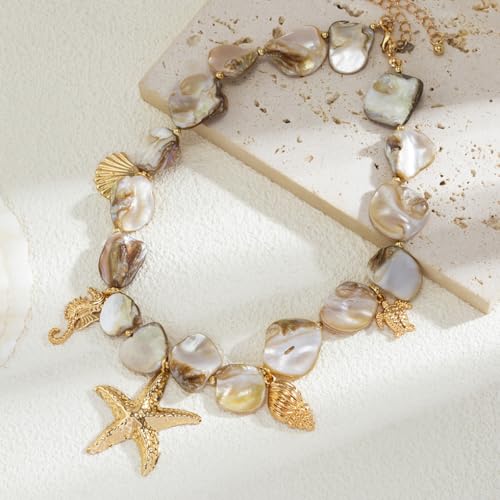 Boho Chunky Shell Necklace for Women Baroque Pearl Pendant Necklaces Irregular Shell Beaded Choker Necklace Trendy Vacation Jewelry Accessories - color: White2
