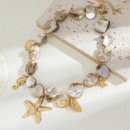 Boho Chunky Shell Necklace for Women Baroque Pearl Pendant Necklaces Irregular Shell Beaded Choker Necklace Trendy Vacation Jewelry Accessories - color: White2