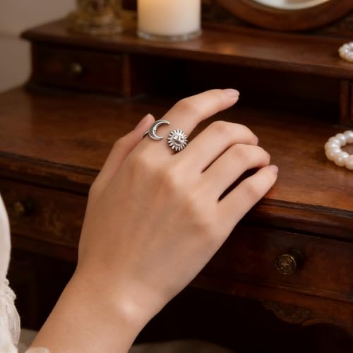 Sun and Moon Rings Stainless Steel Crescent Sun Rings for Women Gold Open Ring Middle Index Finger Jewelry Gift - color: A-Silver Sun&Moon