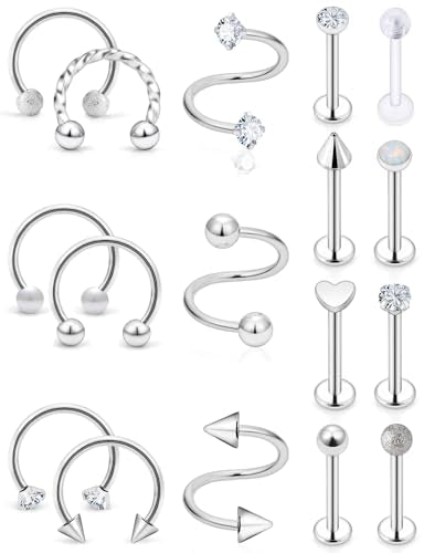 16G Horseshoe Lip Rings 316L Surgical Steel Medusa Labret Snake Bite Monroe Lip Ring 16 Gauge Tragus Forward Helix Conch Cartilage Lobe Earrings Stud Piercing Jewelry For Women Men - color: Silver