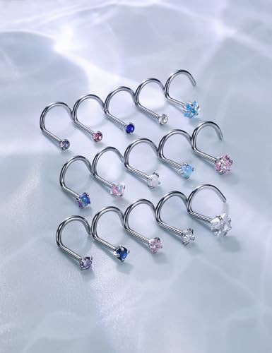 15 Pcs 18G 20G Surgical Steel Nose Rings Studs for Women Opal Nose Rings Diamond CZ Nose Studs L Shaped Nose Nostril Piercing Jewelry Hypoallergenic - style: 18G,Screw