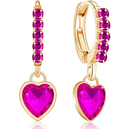 Sparkly Crystal Love Heart Dangle Drop Earrings Dainty Rhinestone Tiny Heart Huggie Hoop Earrings For Women - color: Rose Red