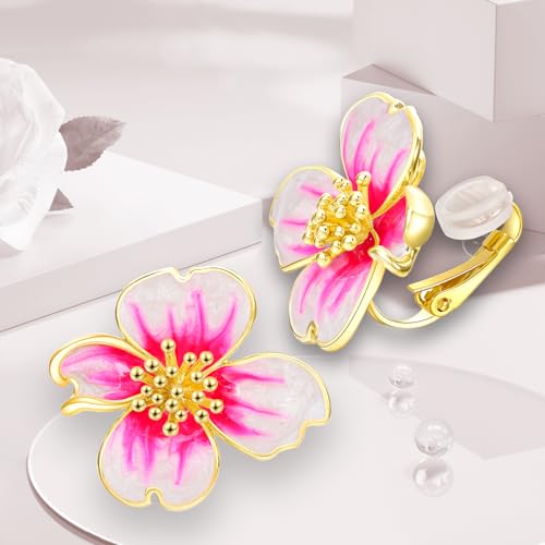 Clip on Earrings Women, 14K Gold Plated Earrings for Sensitive Ears, Fashion Women's Earrings Jewelry Birthday Gift for Wife Grandma Daughter Girls on Christmas Thanksgiving - color: Gold Pink Earrings