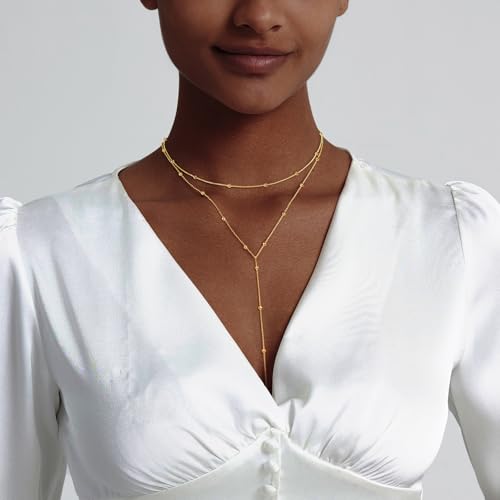 Luxval Lariat Silver Necklace for Women, Dainty Long Necklace Silver Y-Shaped Pendant Necklaces Trendy Beaded Chain Drop Necklaces Jewelry for Women Gifts - color: Gold-Bead Layered