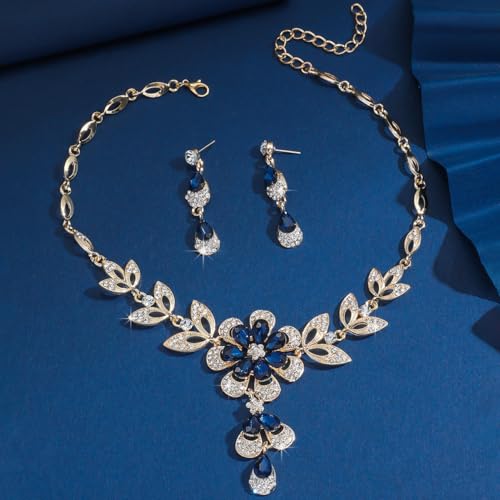 Wedding Jewelry Sets for Brides Rhinestone Necklace and Earring Set Bracelet Ring Gold Silver Prom Jewelry Sets Diamond Flower Teardrop Necklace for Women - color: Style3-Blue&Gold-2pcs