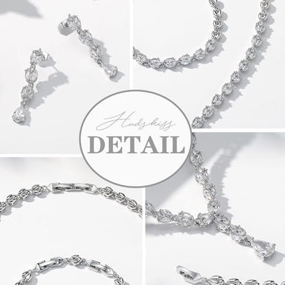 Jewelry Set for Women, Necklace Dangle Earrings Bracelet Set with White AAA Cubic Zirconia, Allergy Free Wedding Party Jewelry for Bridal Bridesmaid - color: Necklace+Earrings+Bracelet-Teardrop