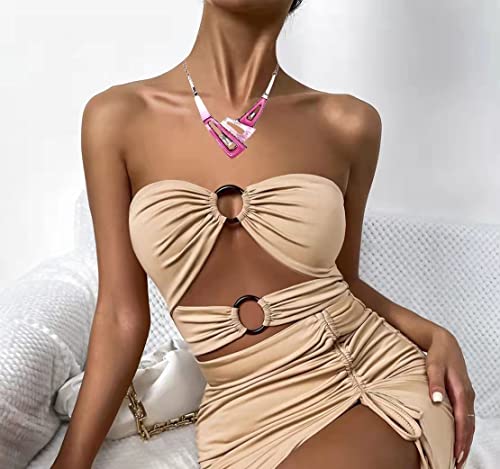 SFE Irregular Enamel Triangle Shape shell Collar Bib Bohemian Boho Statement Necklace Earrings Fashion Costume Jewelry Set for Women - color: Pink-Gun Plated