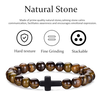 RANKEEF Tiger Eye Bracelet For Men 8MM Natural Stone Stretch Adjustable Black Crystal Beaded Bracelet for Men Women Gifts - color: 4,cross bracelet-A